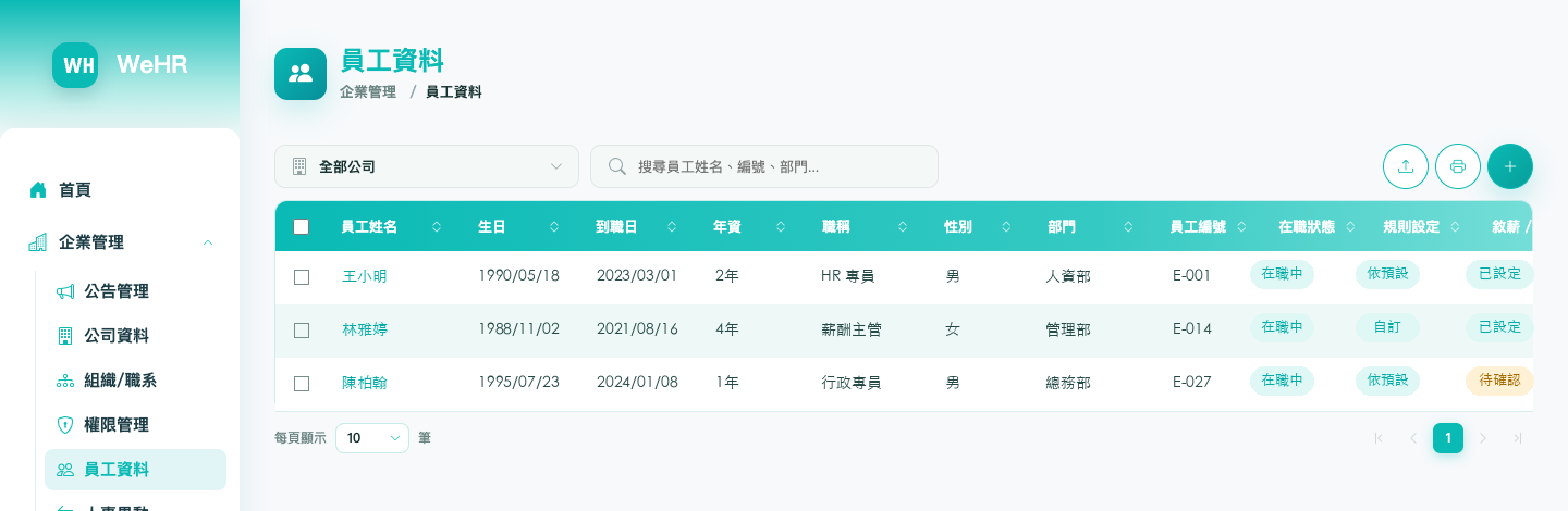 WEHR 員工資料頁面